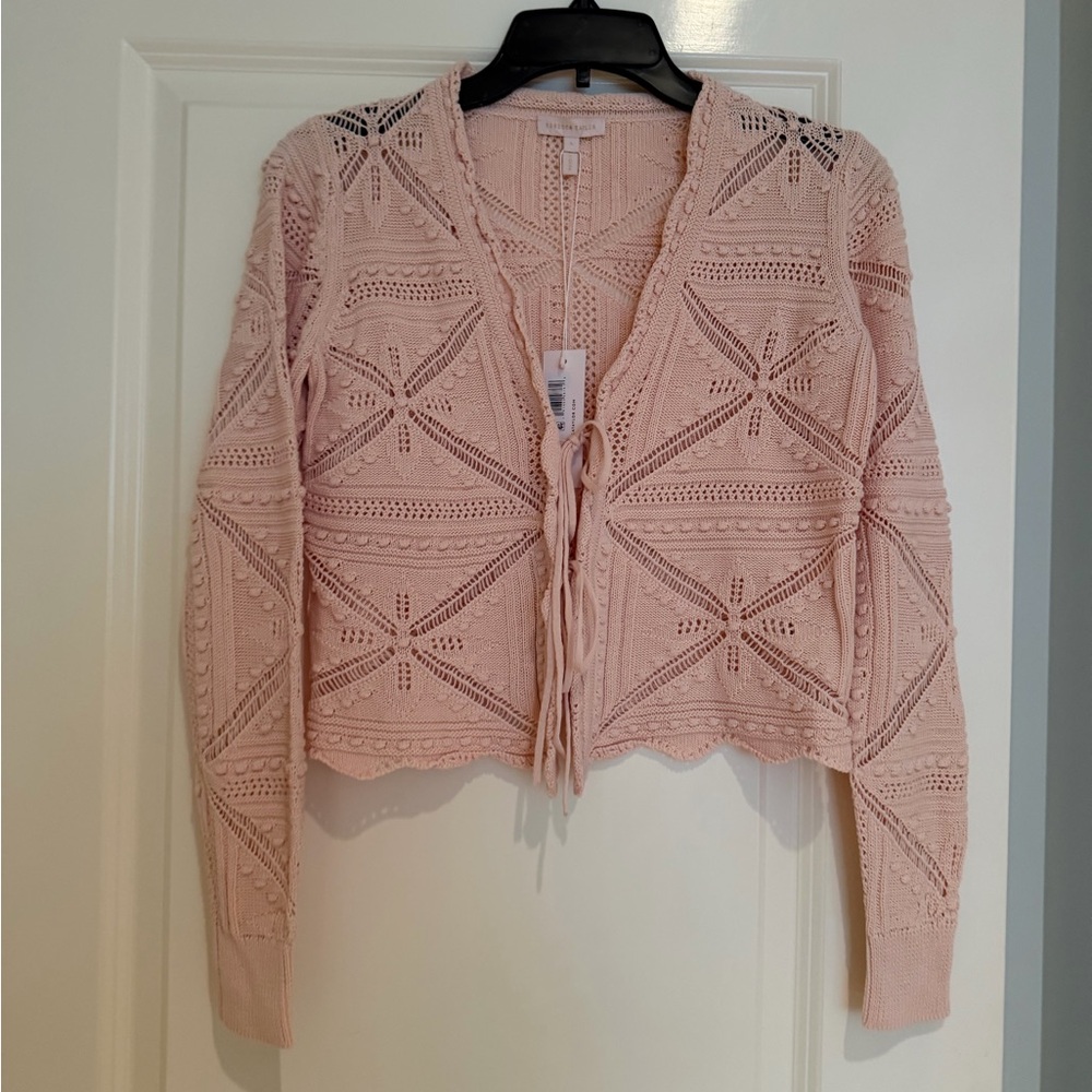 Rebecca Taylor Blush Pink Crochet Tie-Front Cardigan
